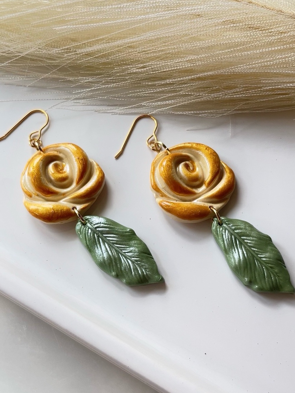 Handmade Yellow Rose and Green Leaf Drop Earrings